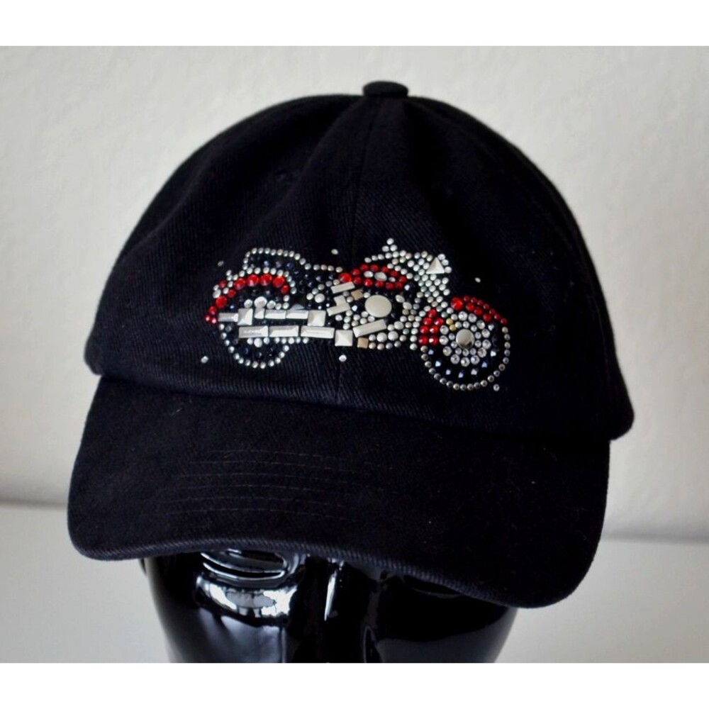 Christine Alexander Black Motorcycle Hat Cap Women OSFM Crystal Rhinestone Metal
